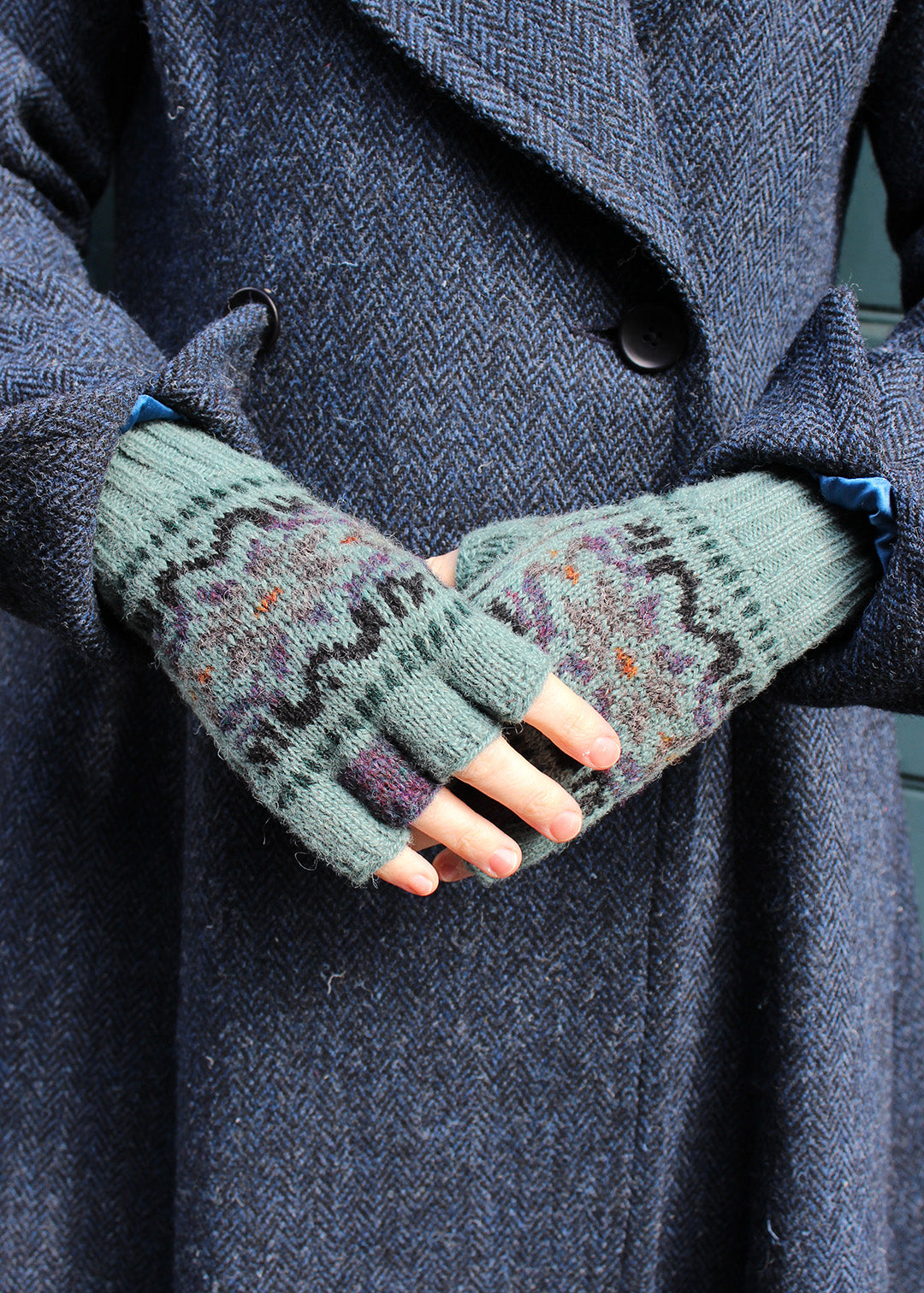 Shetland Fair Isle Fingerless Gloves Green