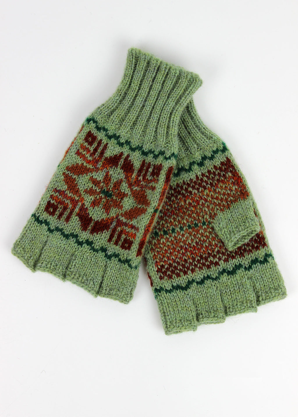Shetland Fair Isle Fingerless Gloves Green