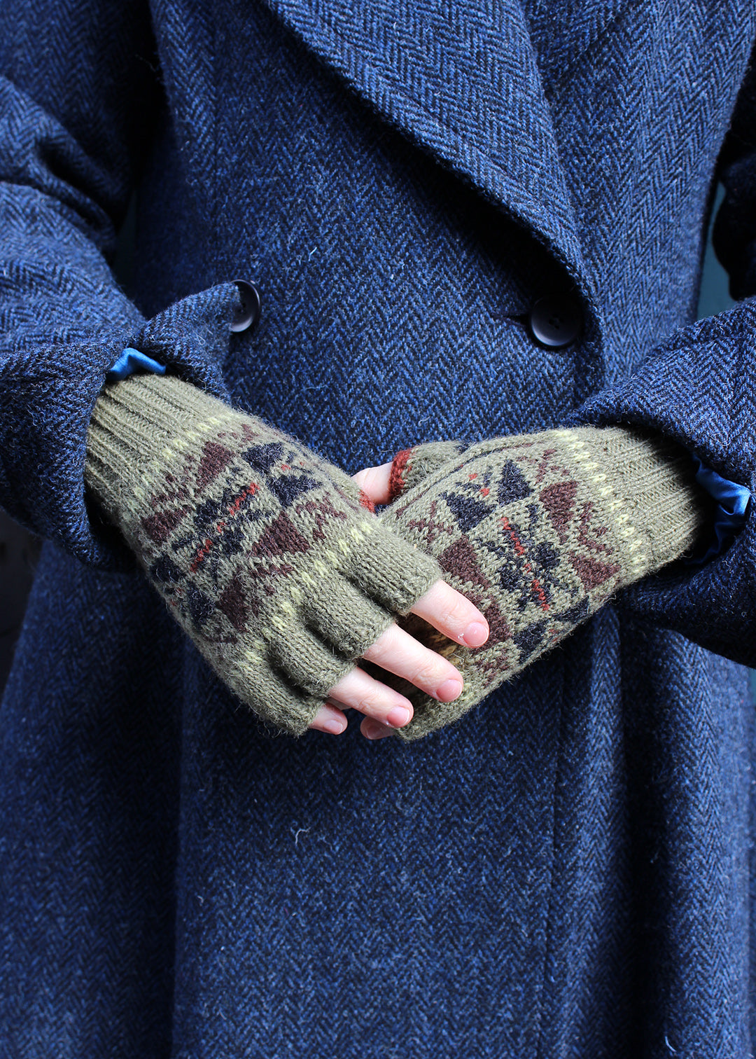 Shetland Fair Isle Fingerless Gloves Green