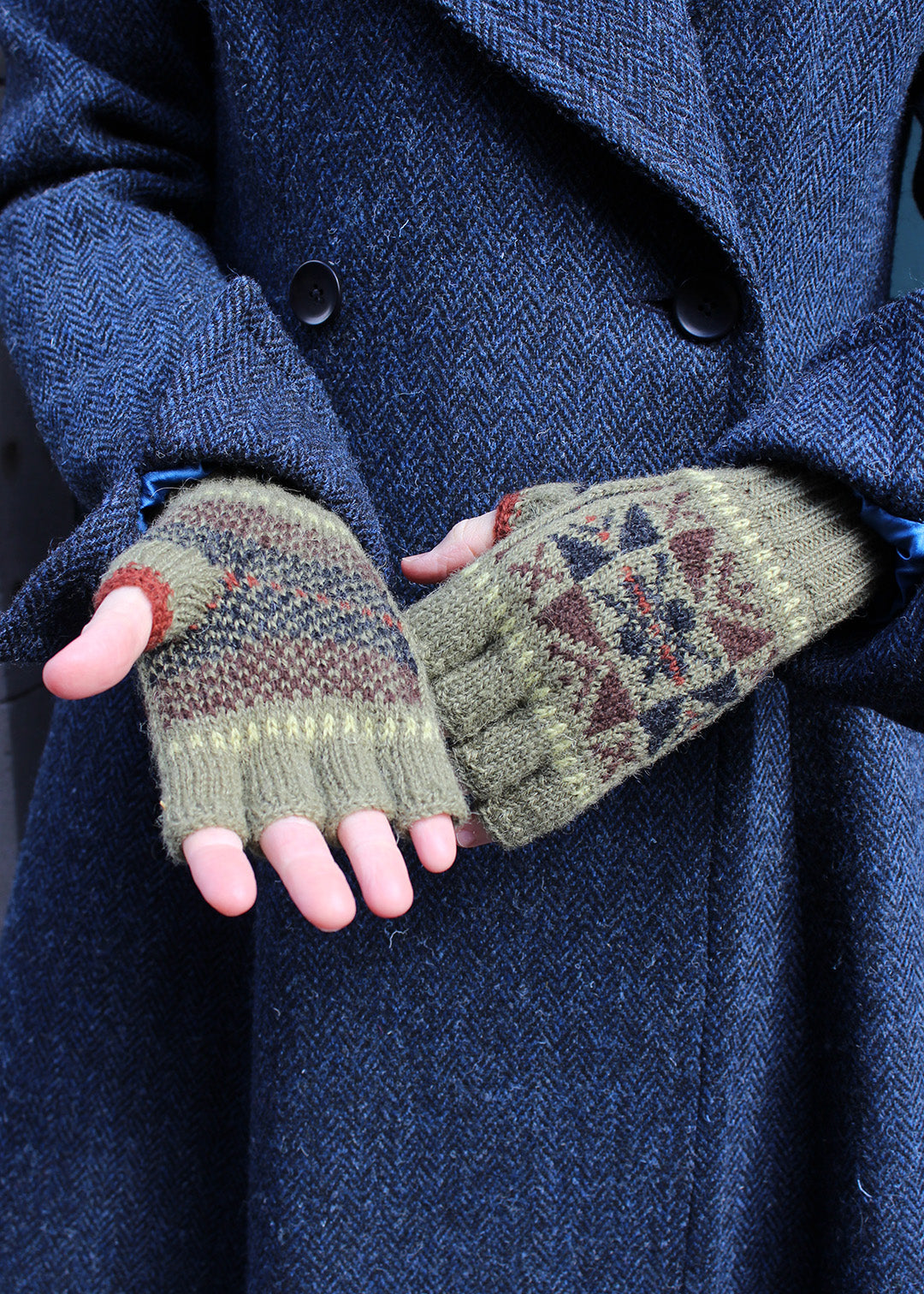 Shetland Fair Isle Fingerless Gloves Green