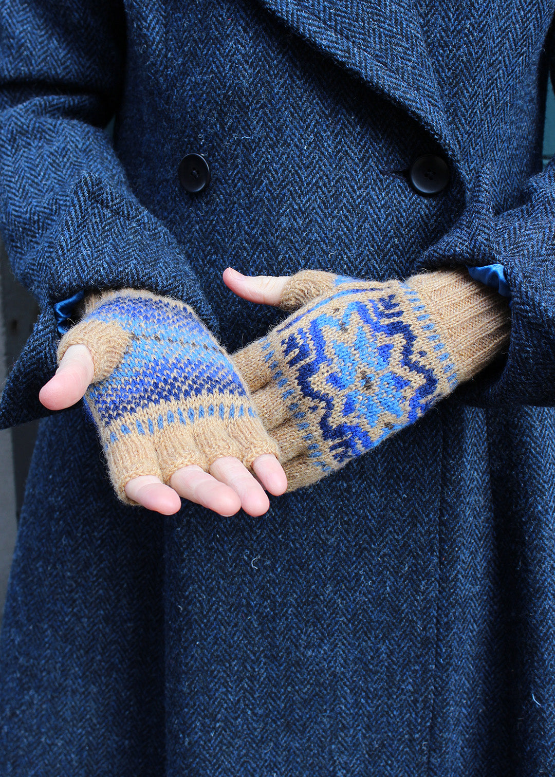 Shetland Fair Isle Fingerless Gloves Ochre