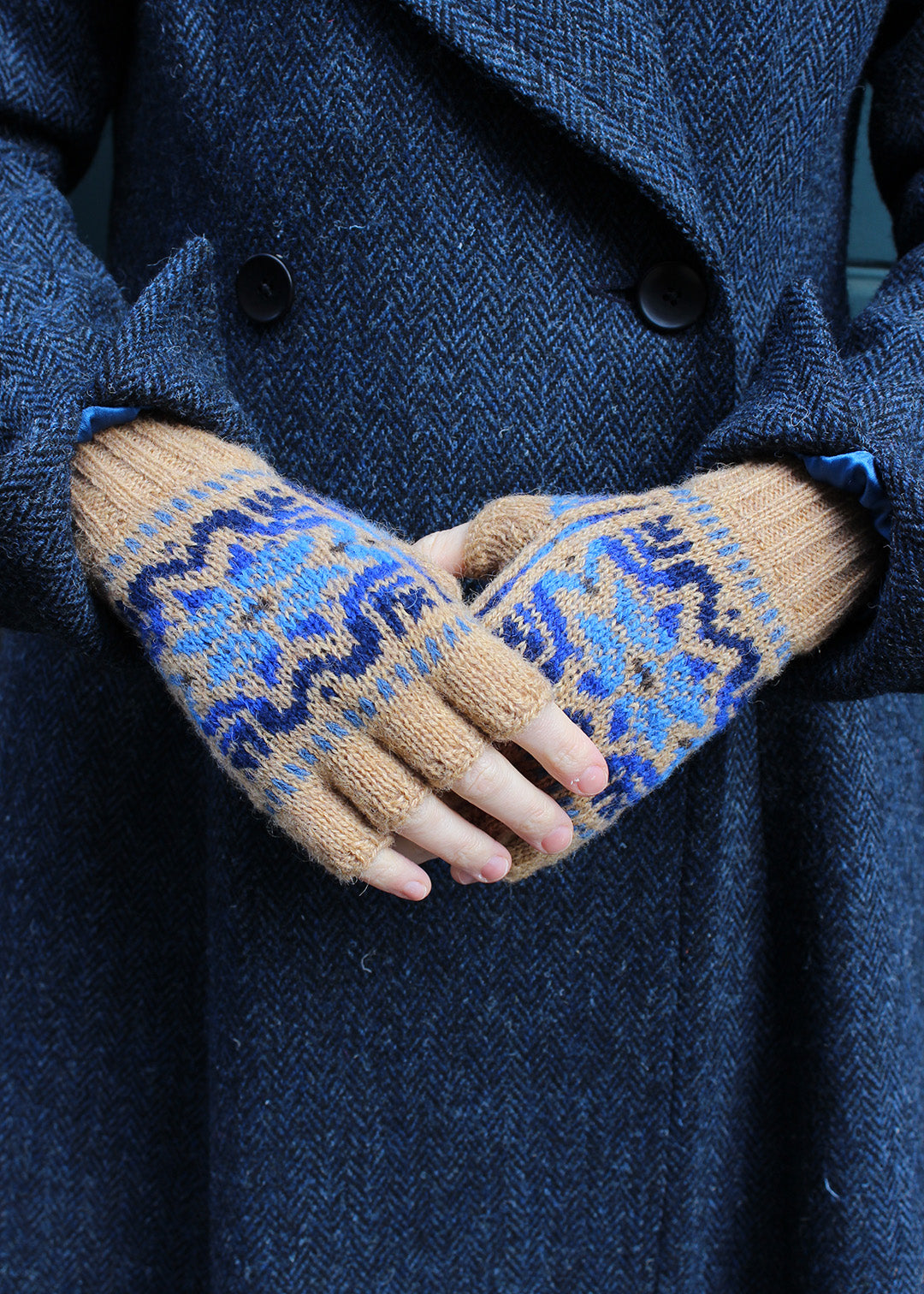 Shetland Fair Isle Fingerless Gloves Ochre