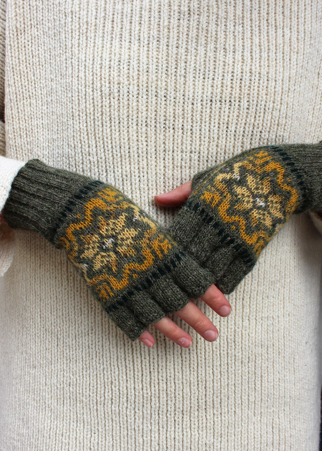 Shetland wool Fair Isle green sage gloves.