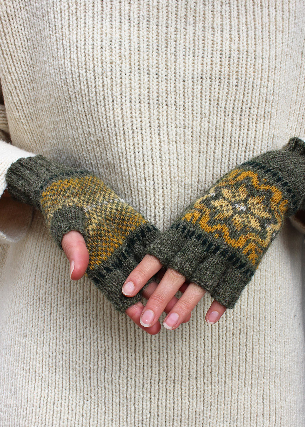 Shetland wool Fair Isle green sage gloves.