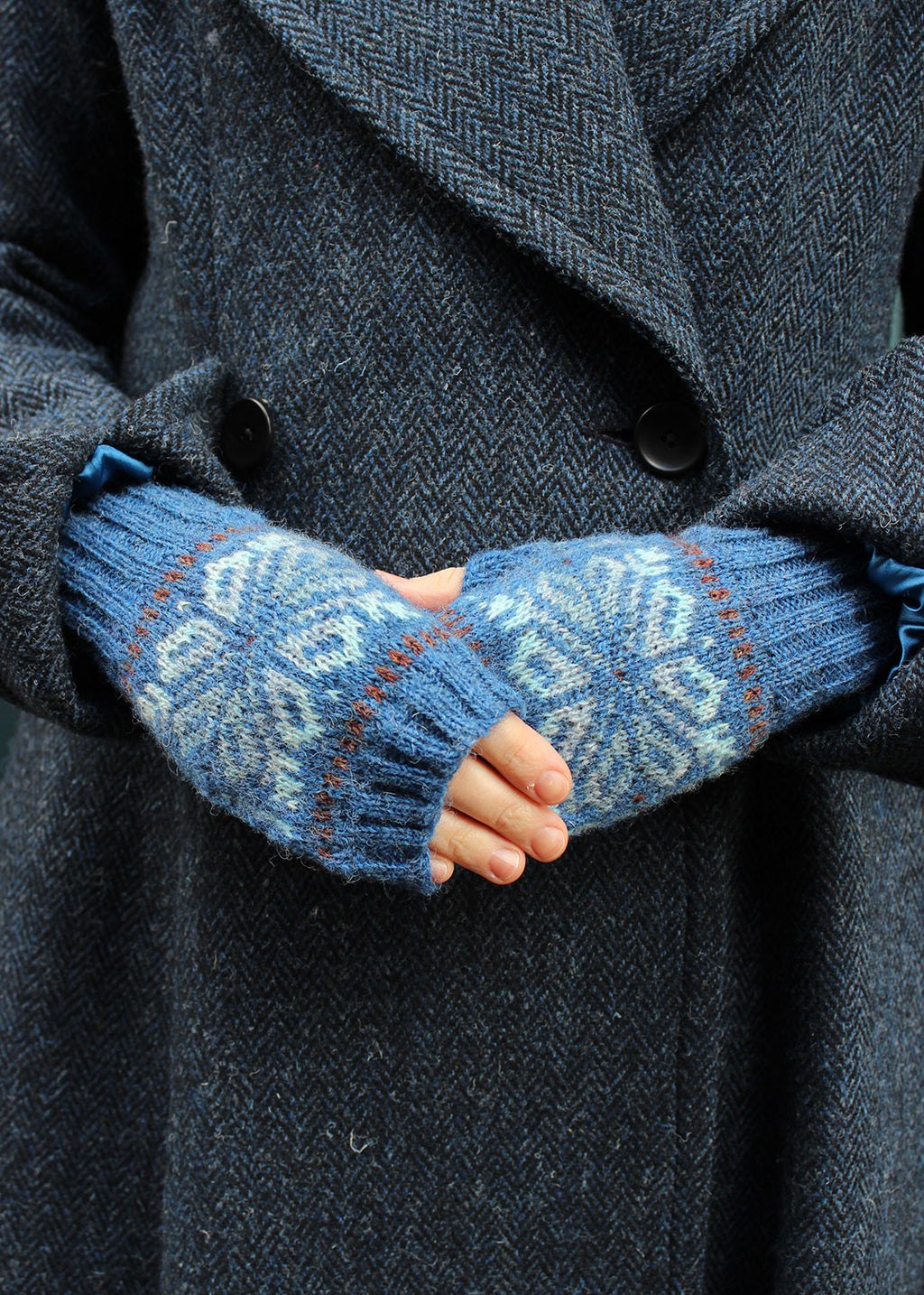 Shetland Fair Isle Fingerless Mitts Blue