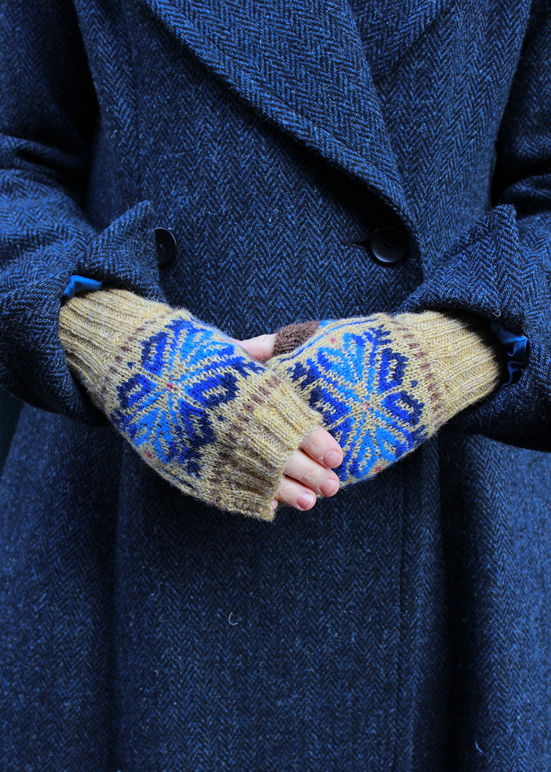 Shetland Fair Isle Fingerless Mitts Ochre