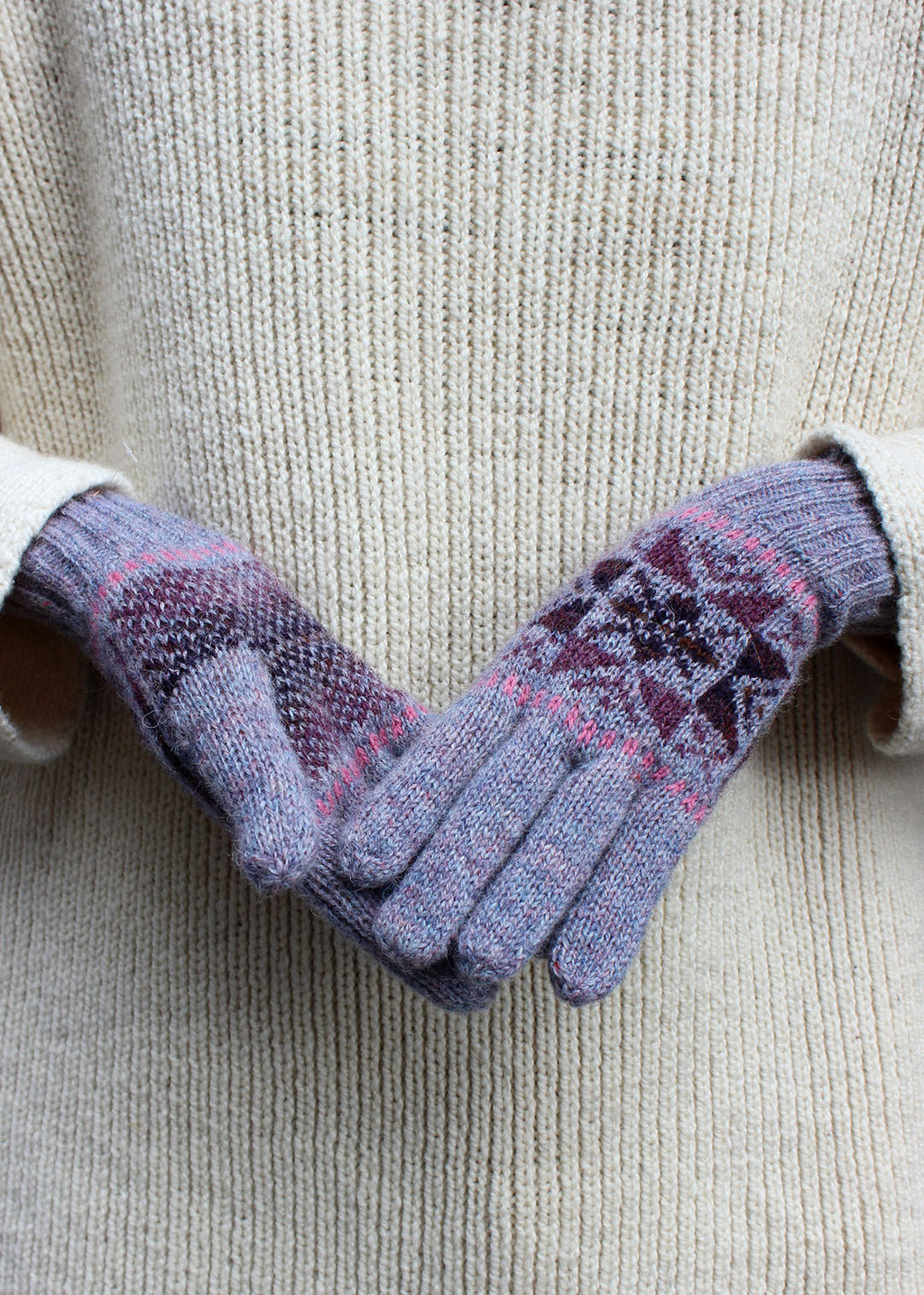 Shetland wool Fair Isle purple gloves.