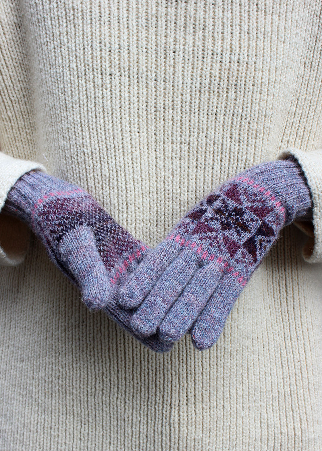 Shetland wool Fair Isle purple gloves.