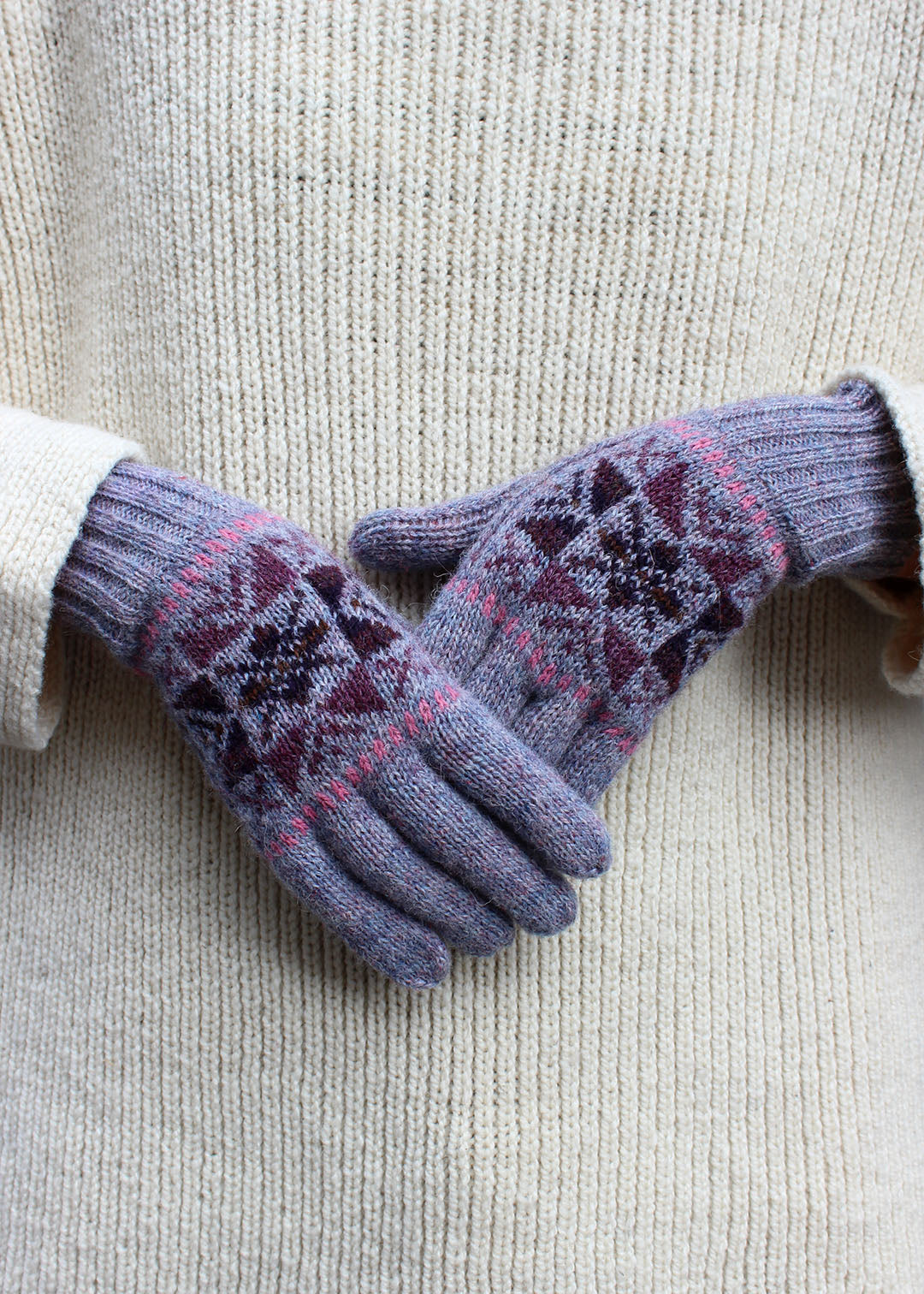 Shetland wool Fair Isle purple gloves.