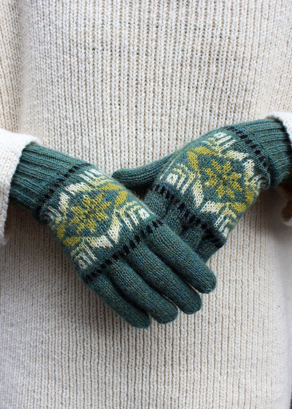 Shetland wool Fair Isle sea glass gloves.