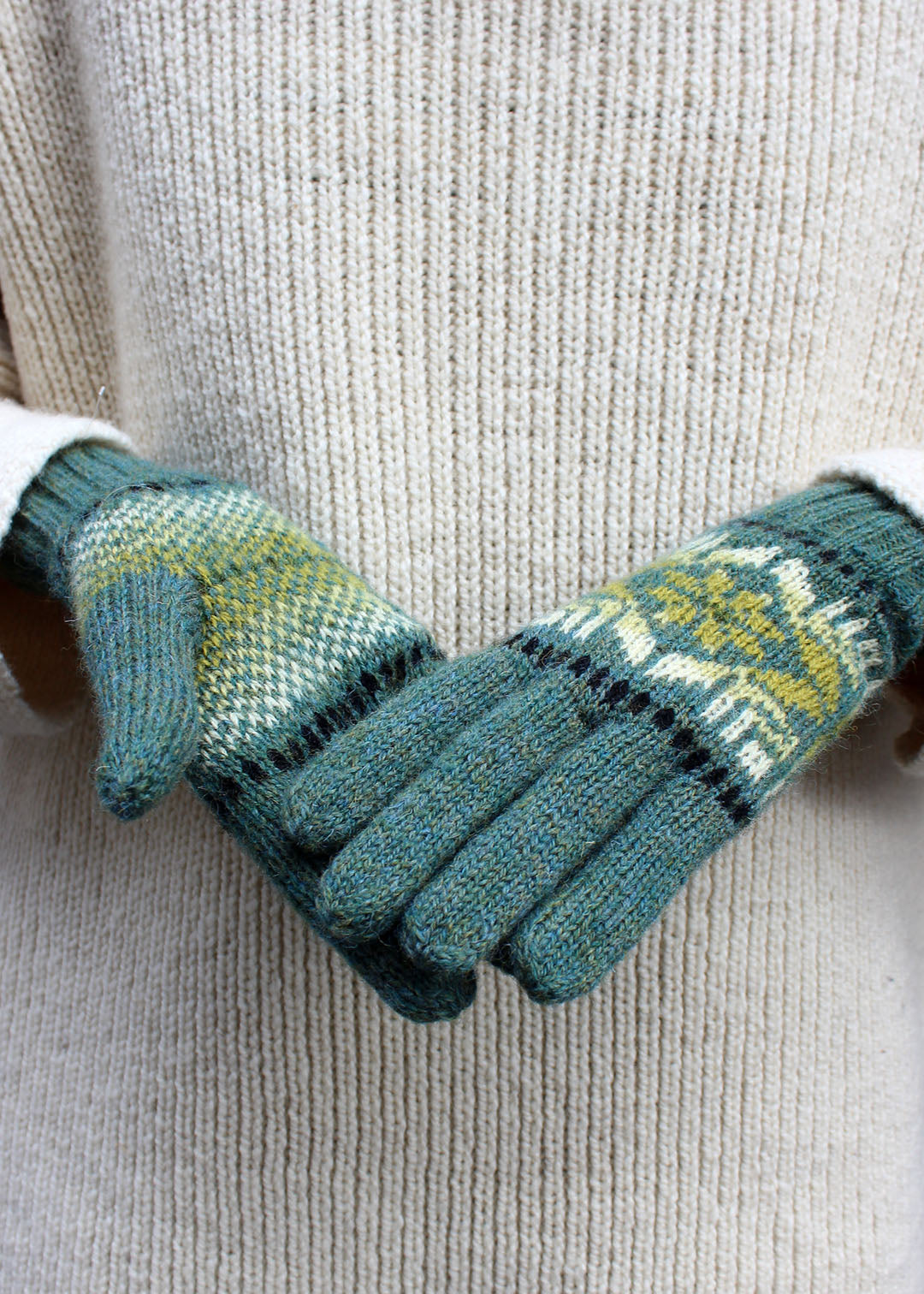 Shetland wool Fair Isle sea glass gloves.