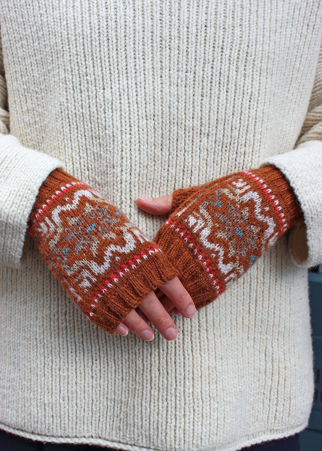 Shetland Fair Isle Fingerless Mitts Brown