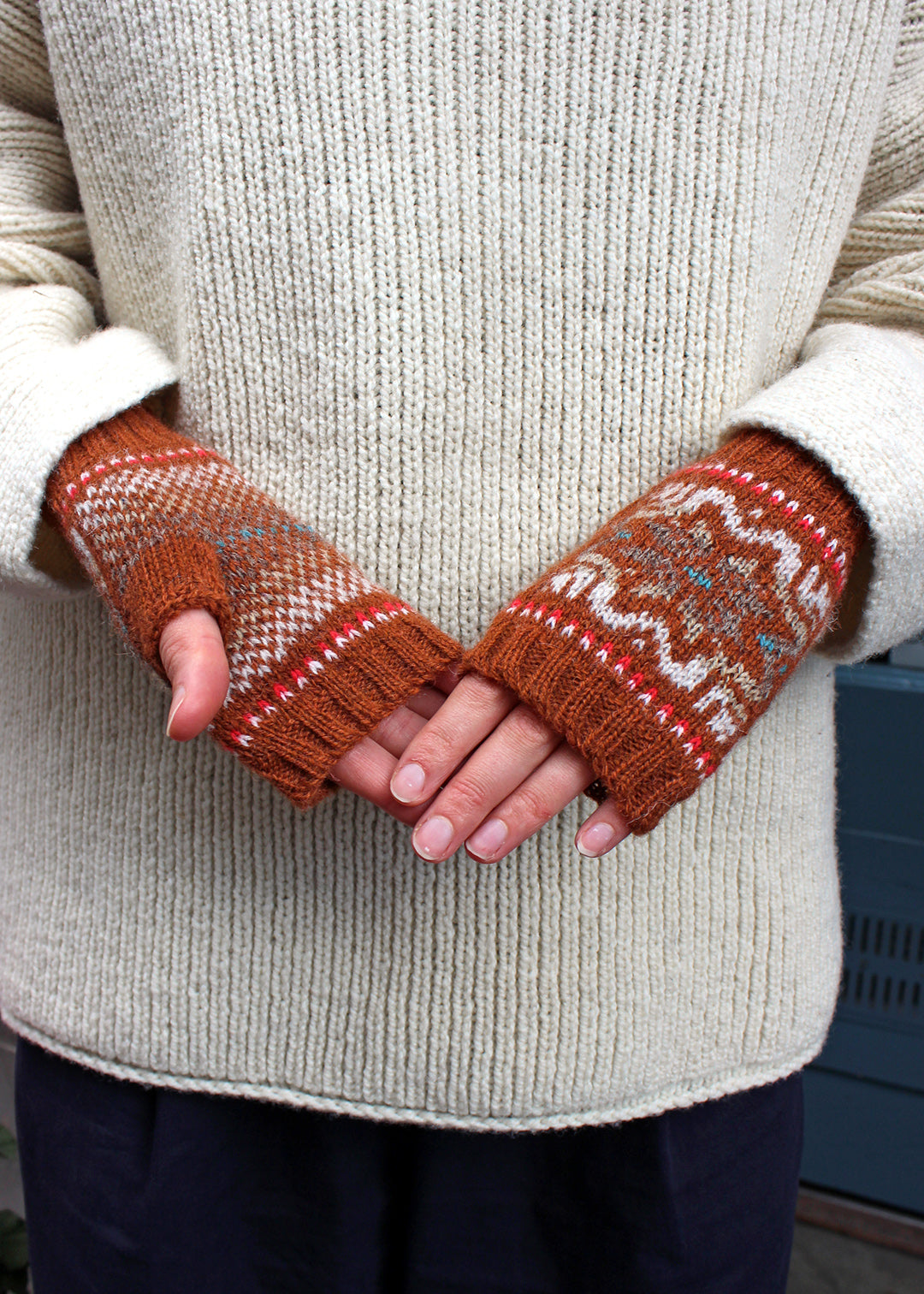 Shetland Fair Isle Fingerless Mitts Brown