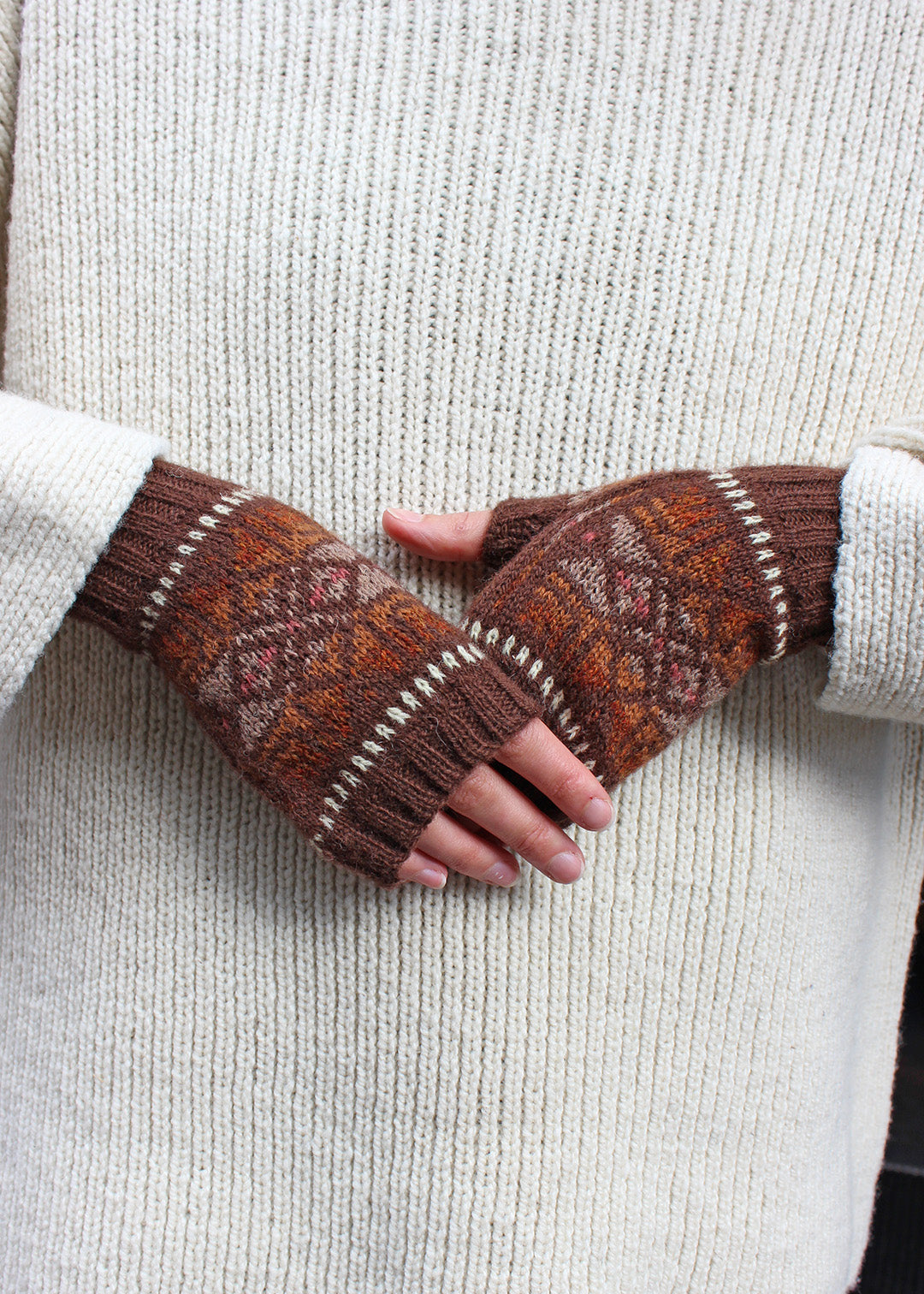Shetland Fair Isle Fingerless Mitts Brown