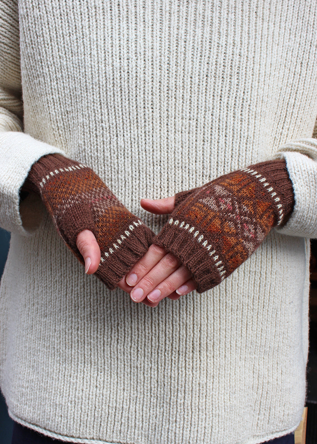 Shetland Fair Isle Fingerless Mitts Brown