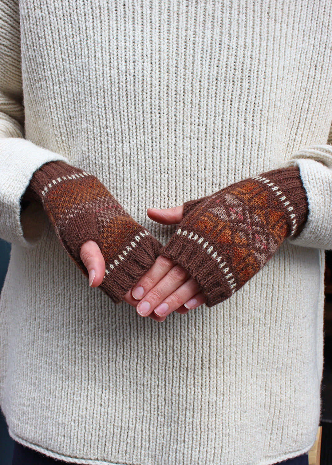 Shetland Fair Isle Fingerless Mitts Brown