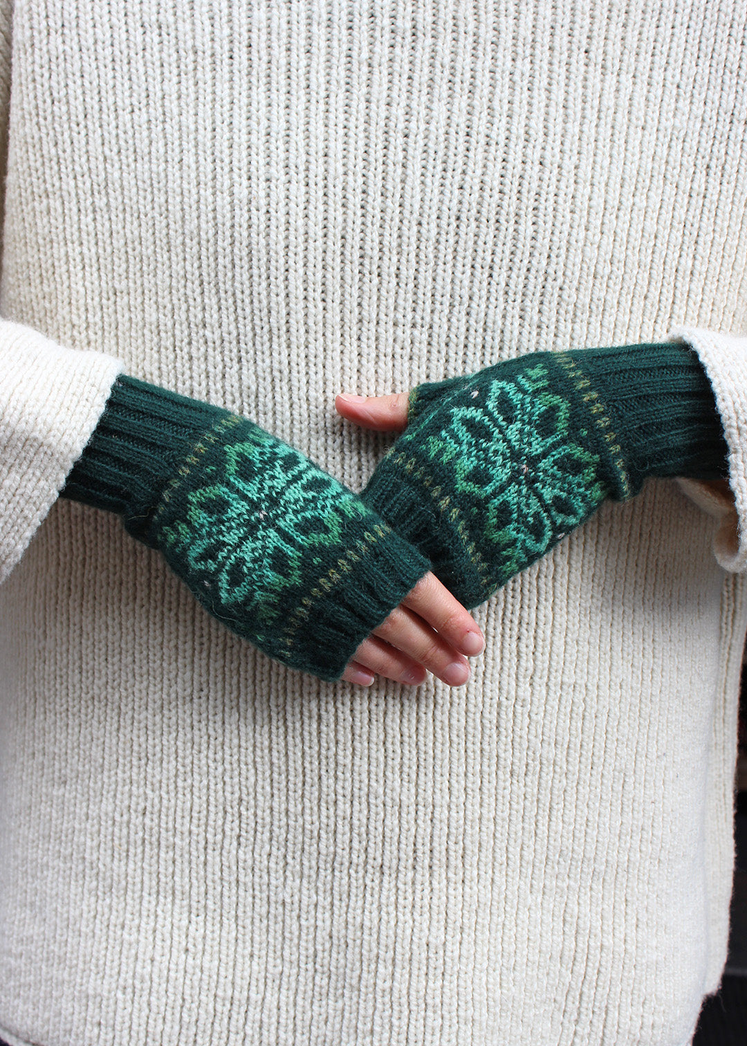 Shetland Fair Isle Fingerless Mitts Green