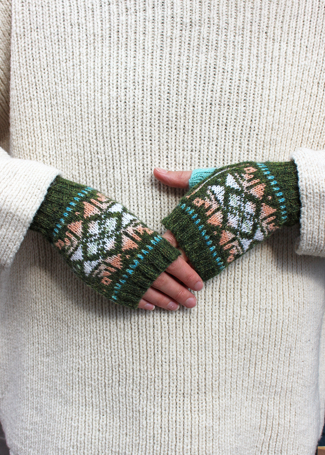 Shetland Fair Isle Fingerless Mitts Green