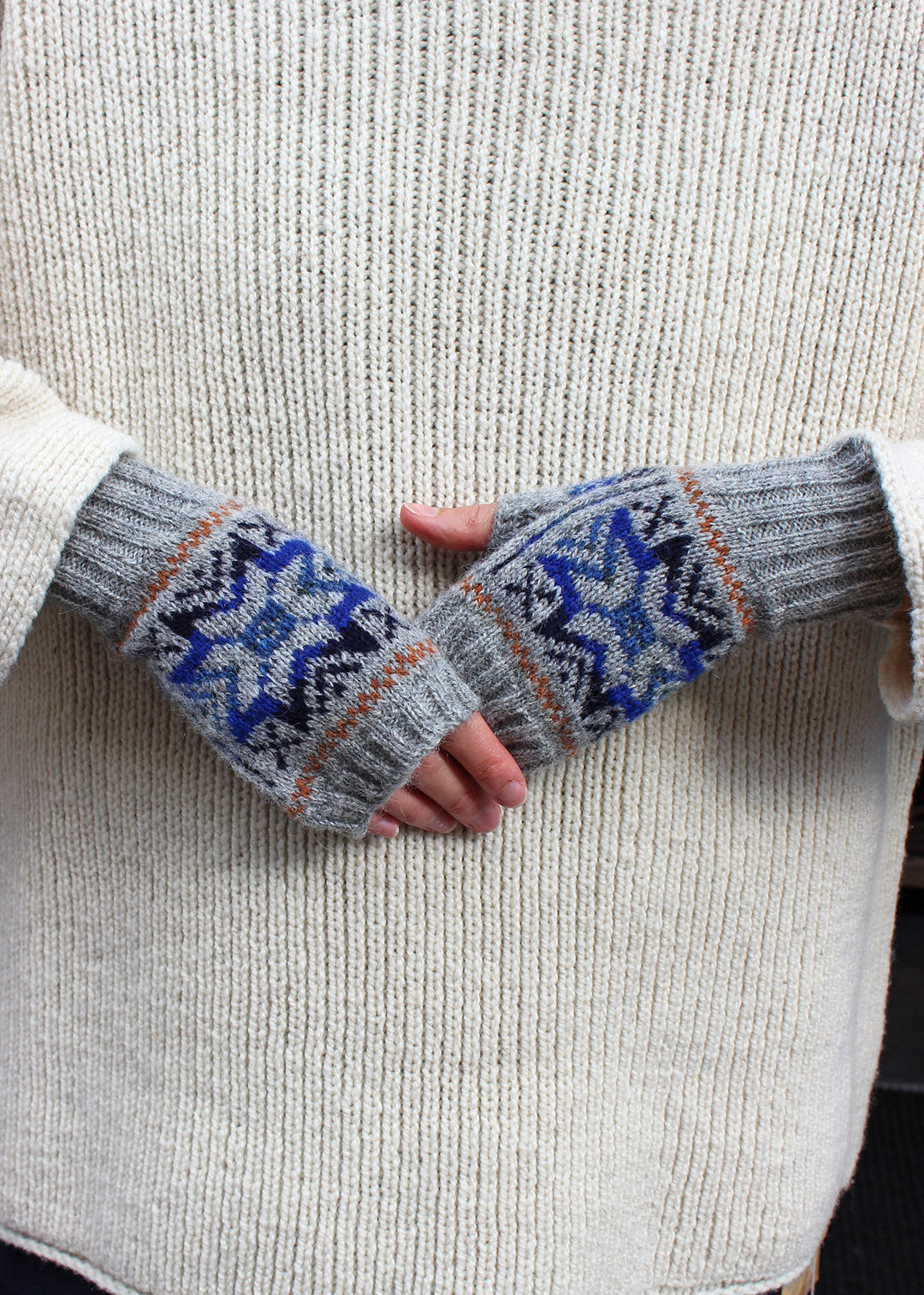 Shetland Fair Isle Fingerless Mitts Grey