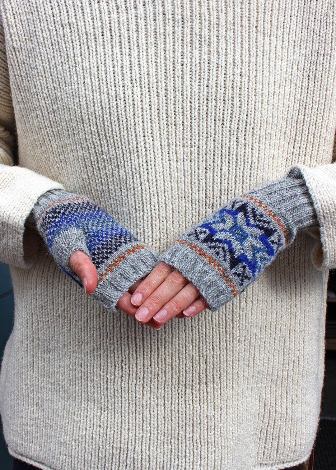 Shetland Fair Isle Fingerless Mitts Grey