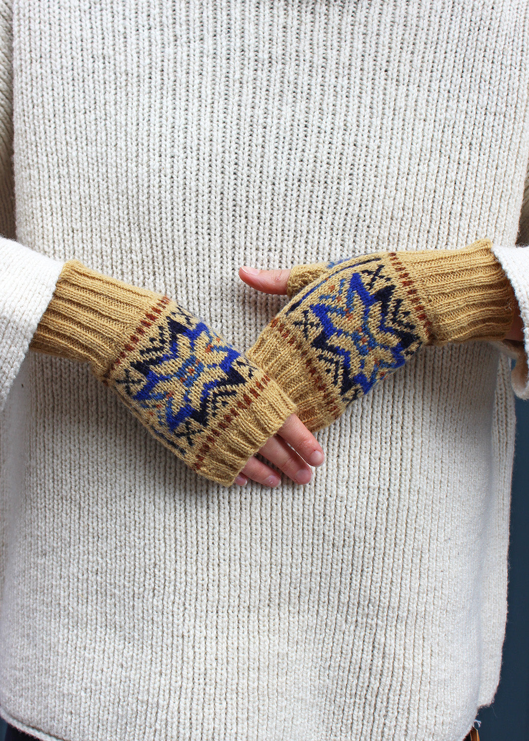 Shetland Fair Isle Fingerless Mitts Ochre