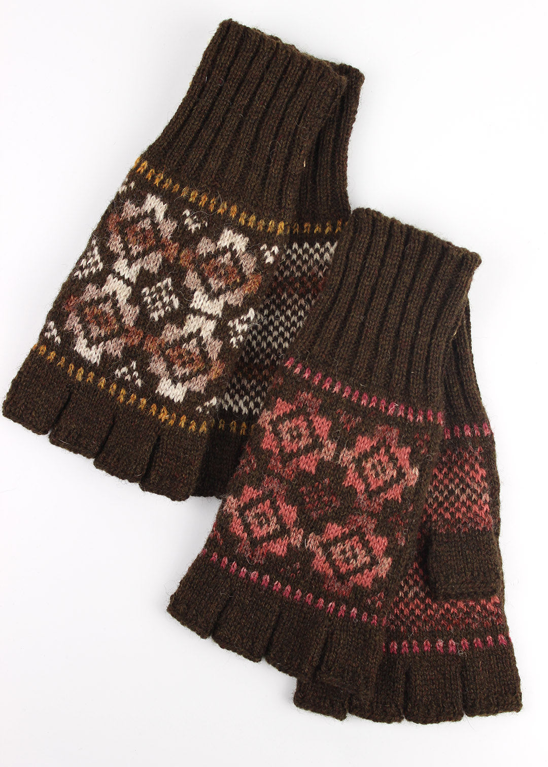 Shetland Fair Isle Men's Fingerless Gloves Brown