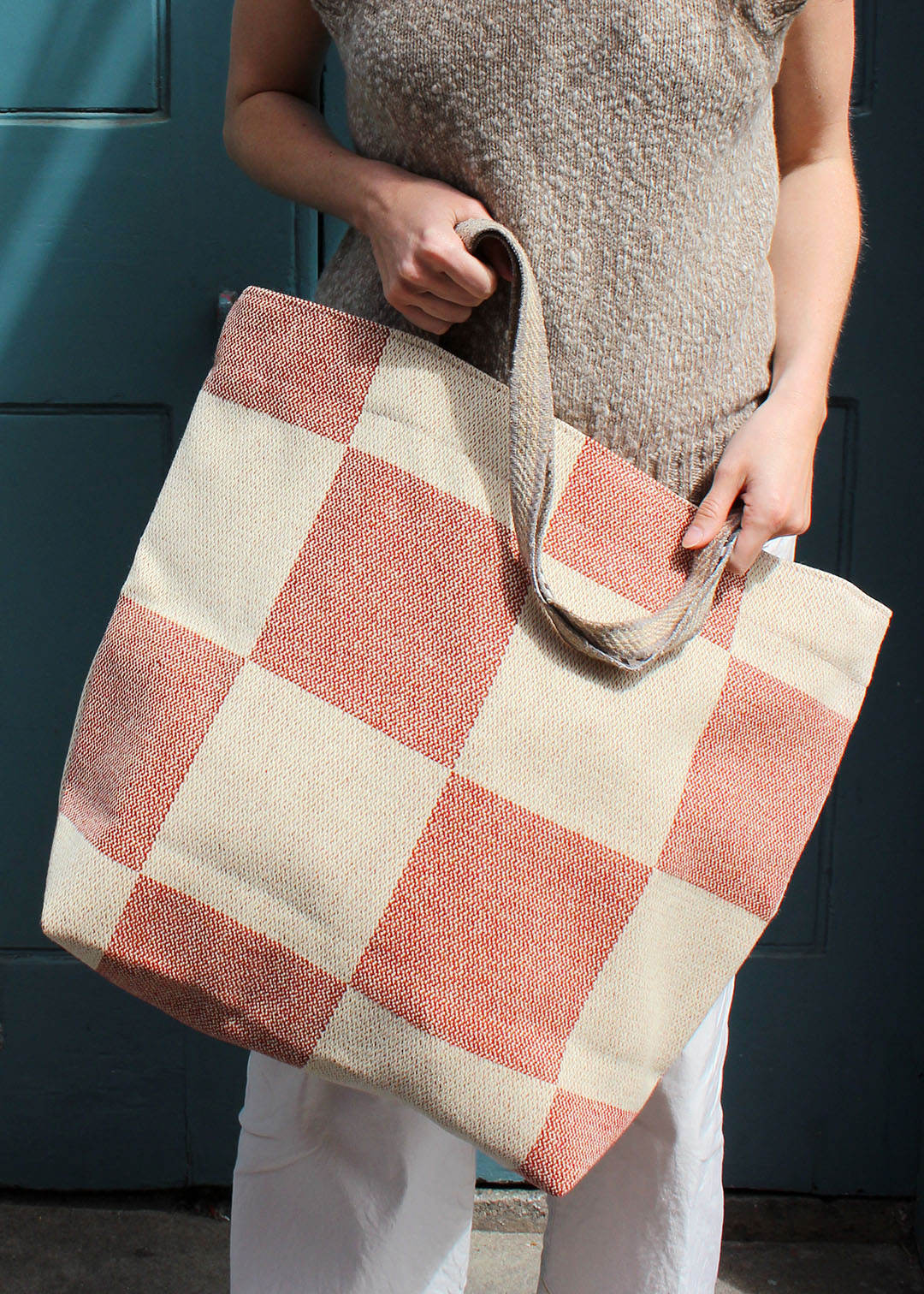Wool checkerboard beach bag.