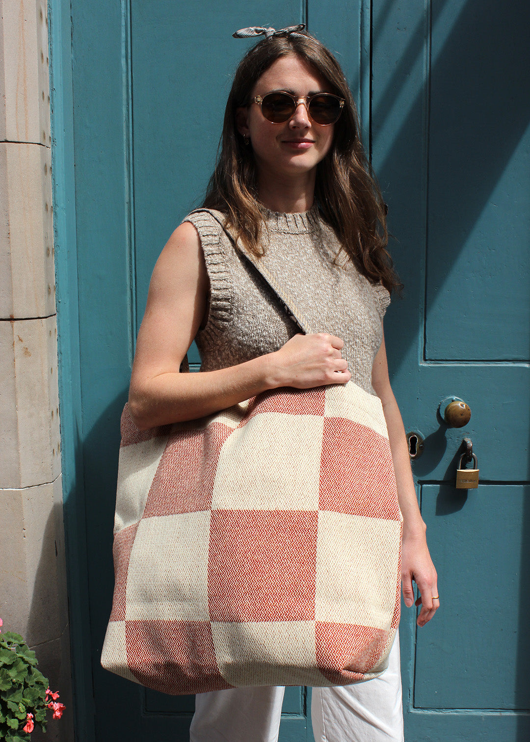 Wool checkerboard beach bag.