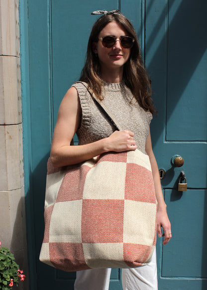 Wool checkerboard beach bag.