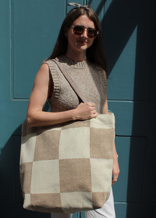 Wool checkerboard beach bag.