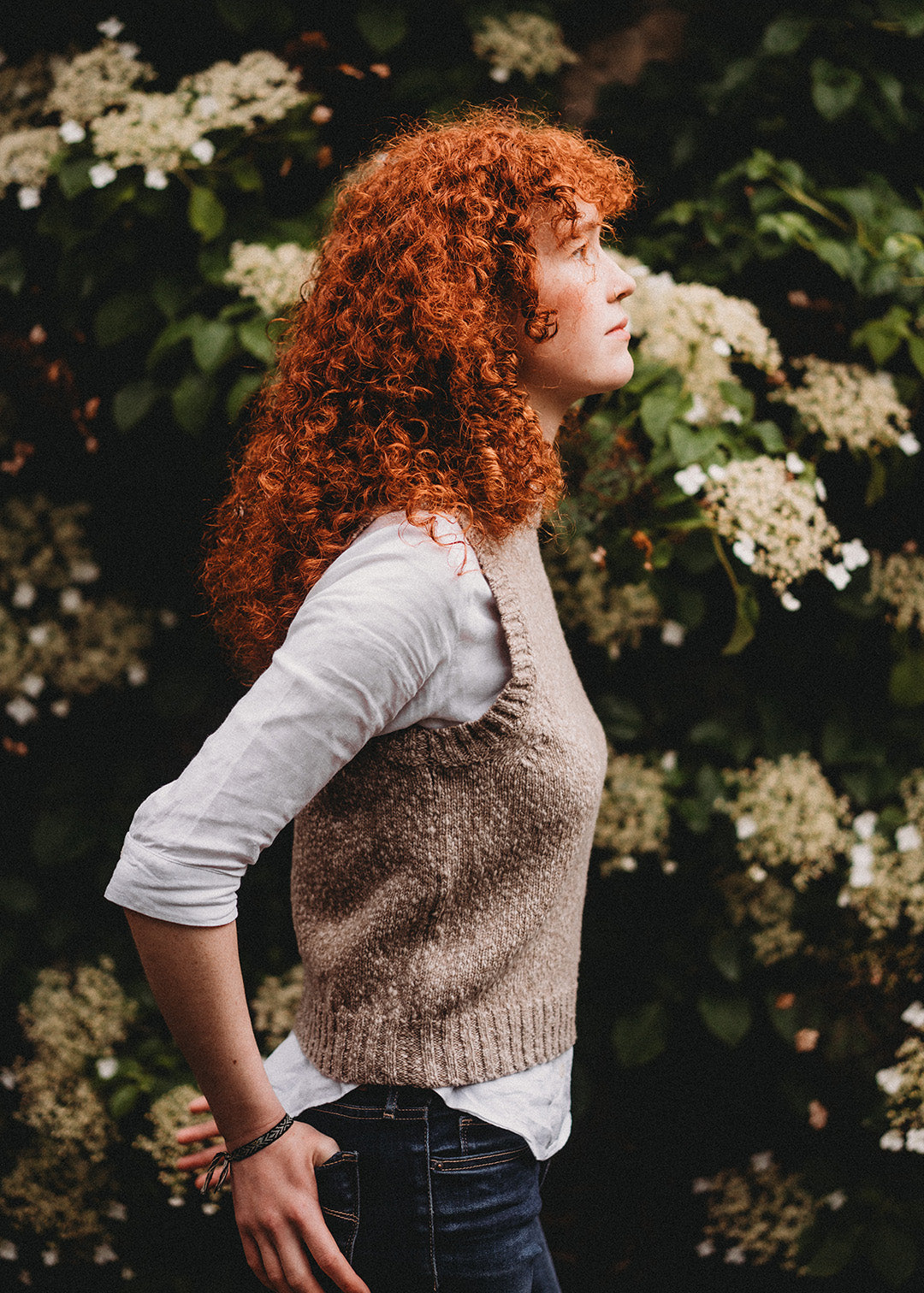 Fawn and white marl vest knitted in the softest lambswool.