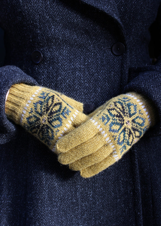 fair isle gloves in ochre colour knitted in shetland