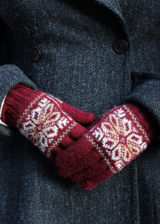fair isle gloves in burgundy colour knitted in shetland