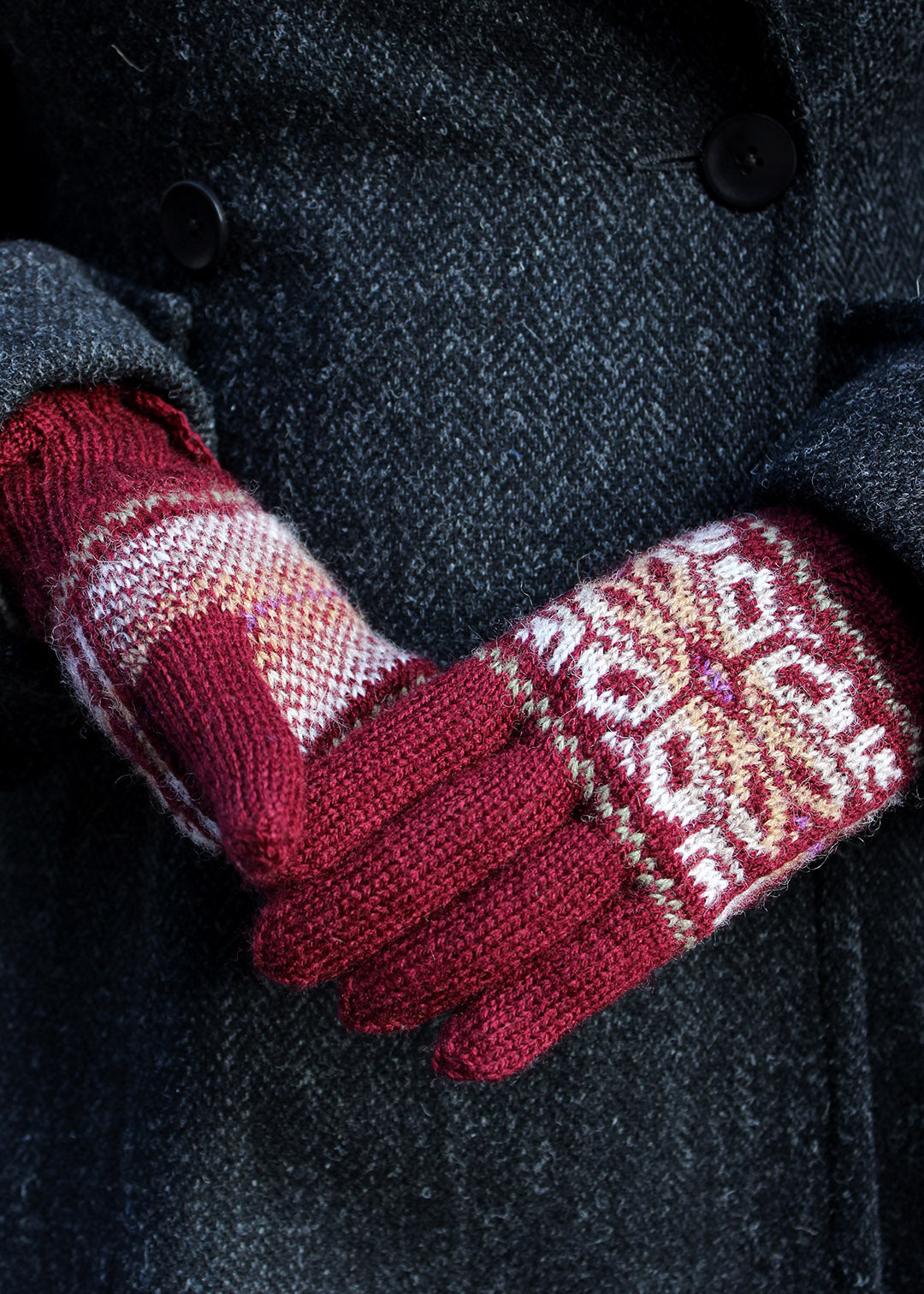 fair isle gloves in burgundy colour knitted in shetland