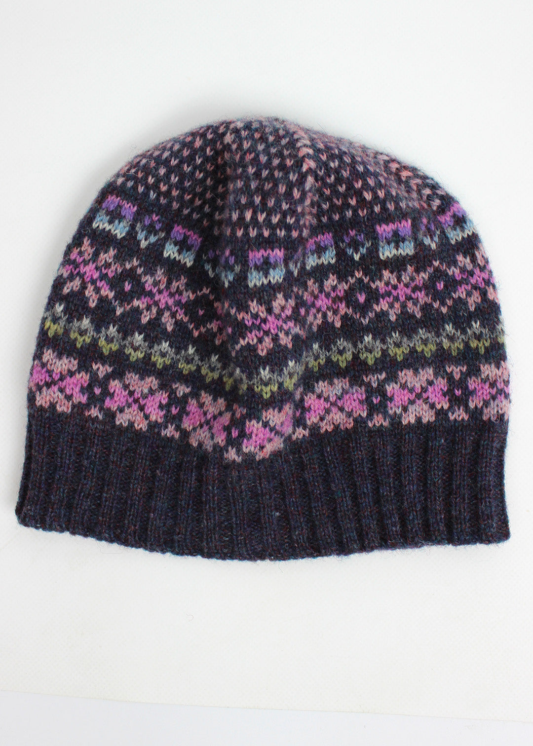 Fair Isle purple hand knitted hat.