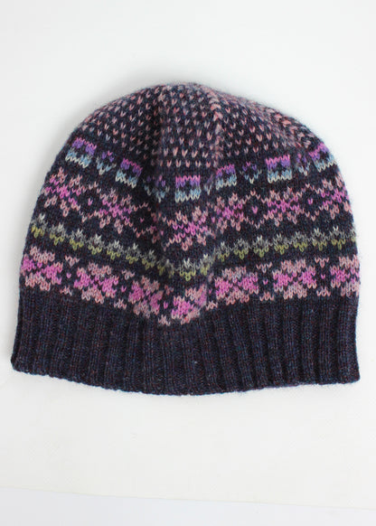 Fair Isle purple hand knitted hat.