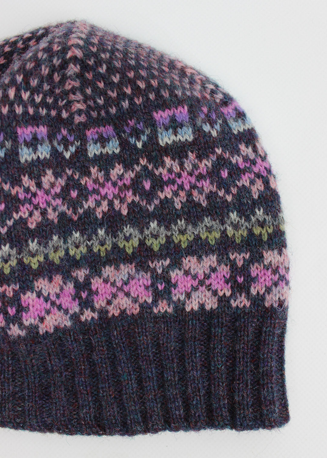 Fair Isle purple hand knitted hat.
