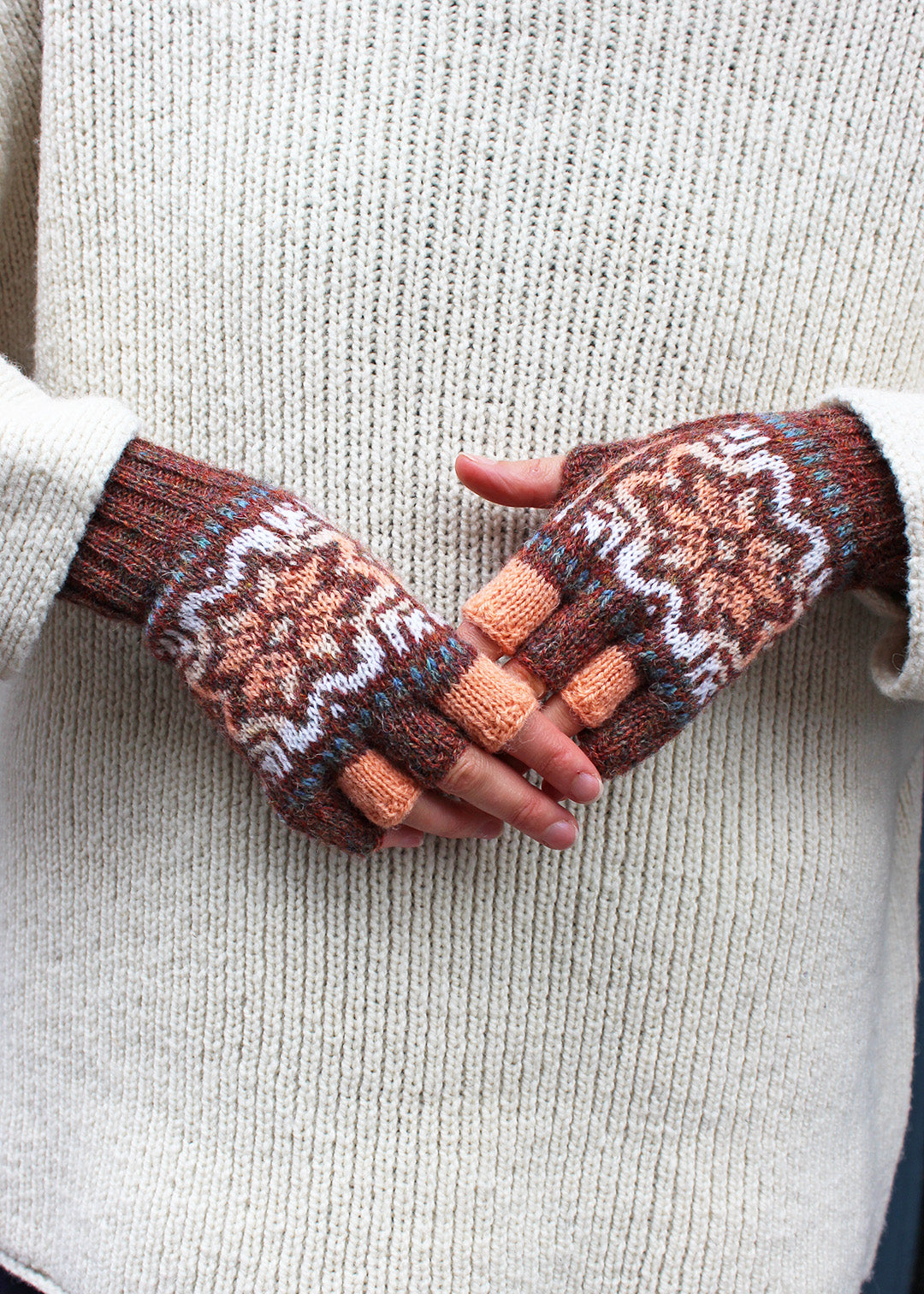 Shetland Fair Isle Fingerless Gloves Brown
