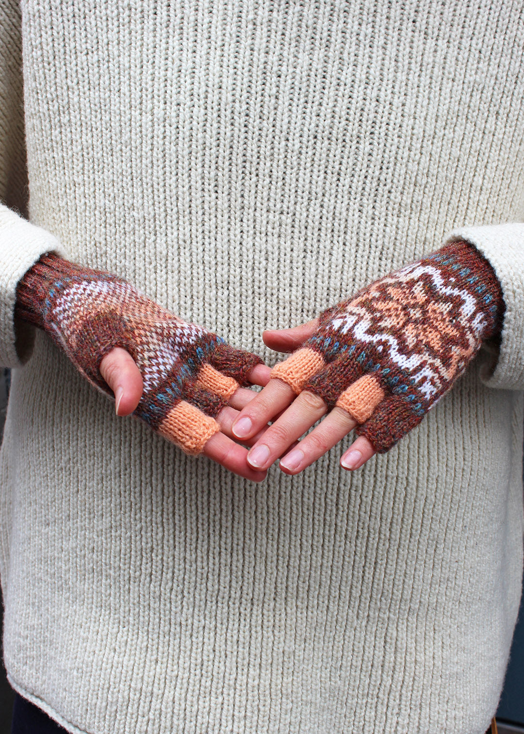 Shetland Fair Isle Fingerless Gloves Brown