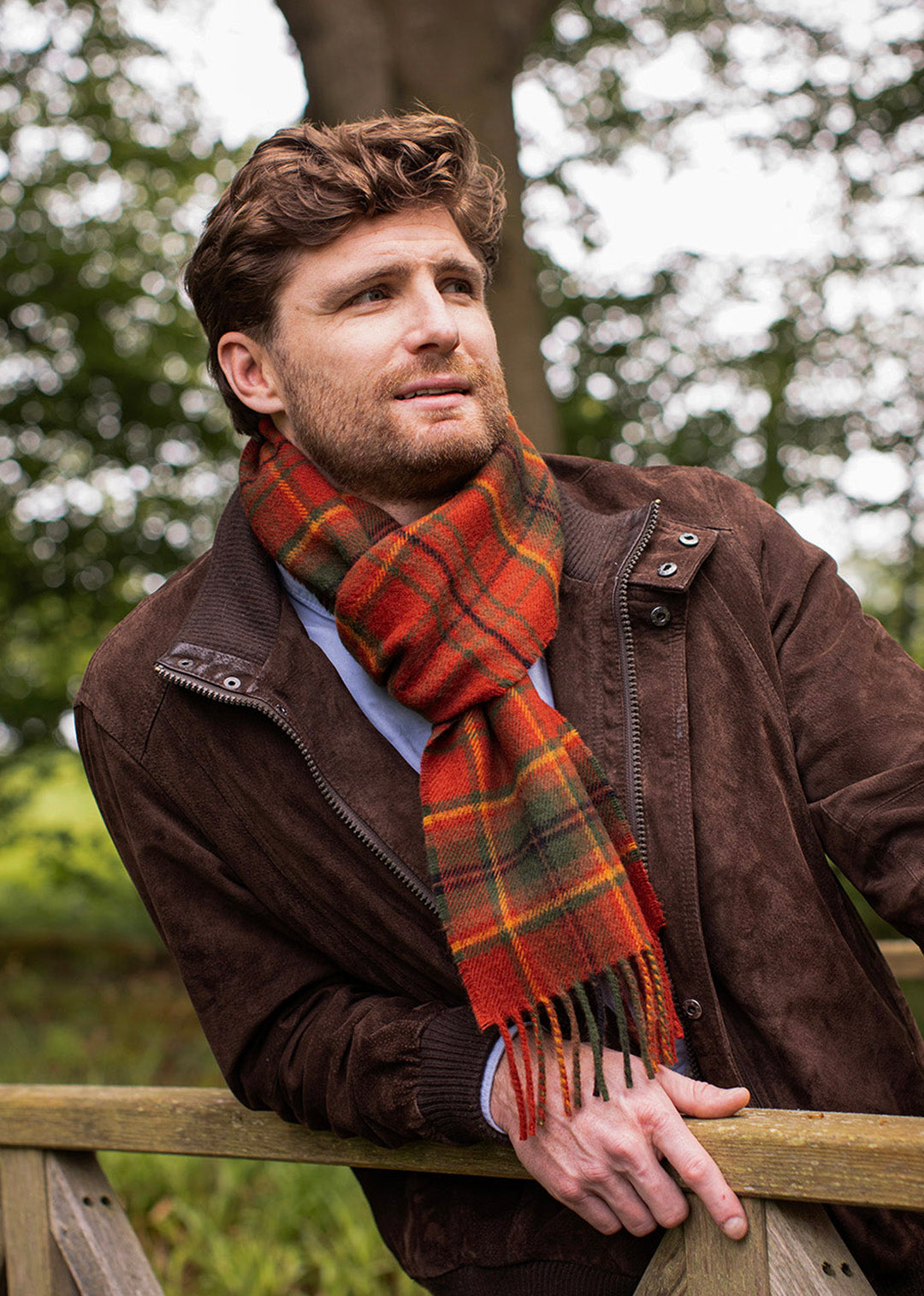 Autumn Woodland Walk tartan on male model in the woods.