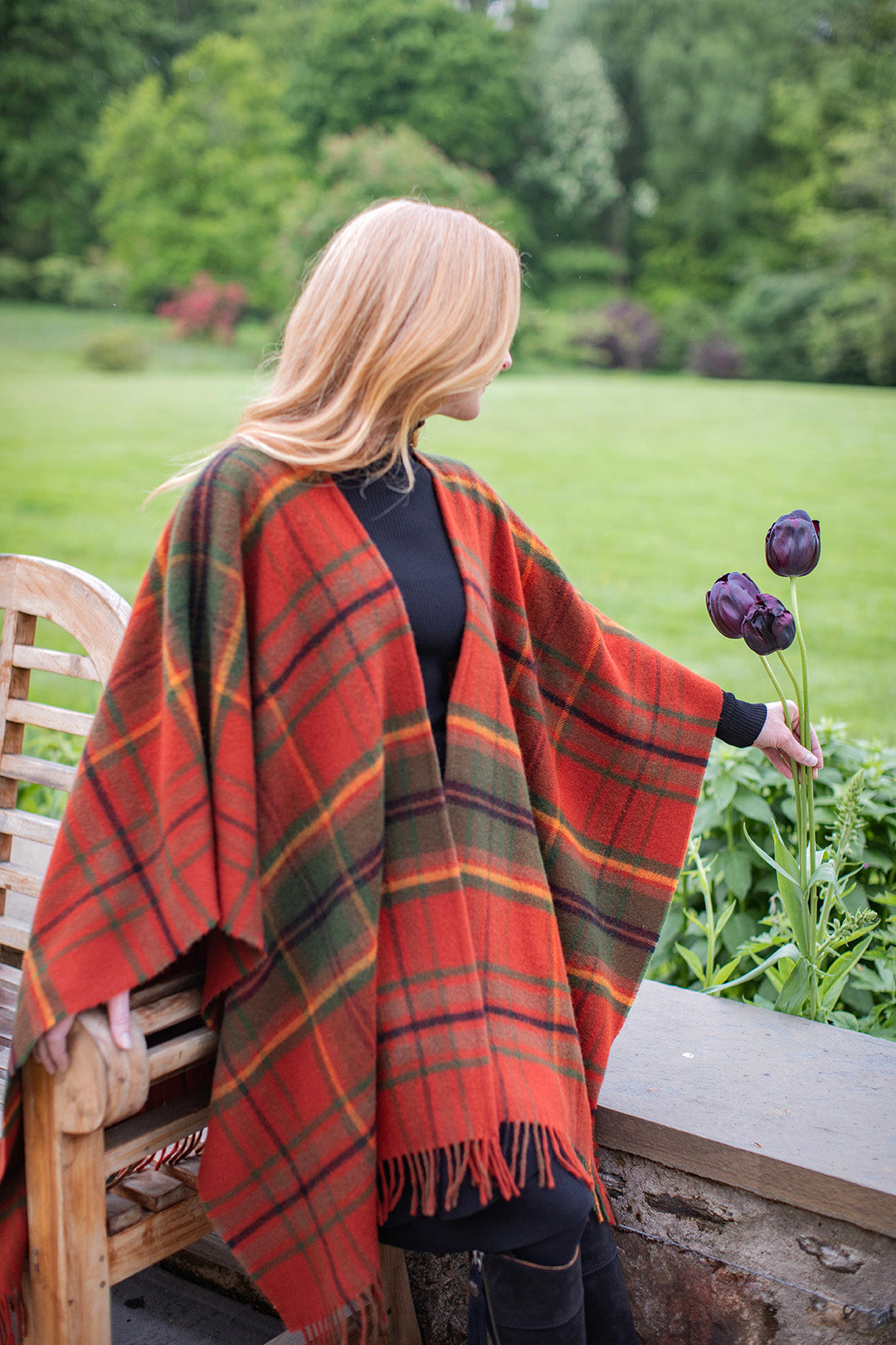 Limited edition Autumn Woodland Walk lambswool serape featuring an original plaid design by Araminta Campbell.