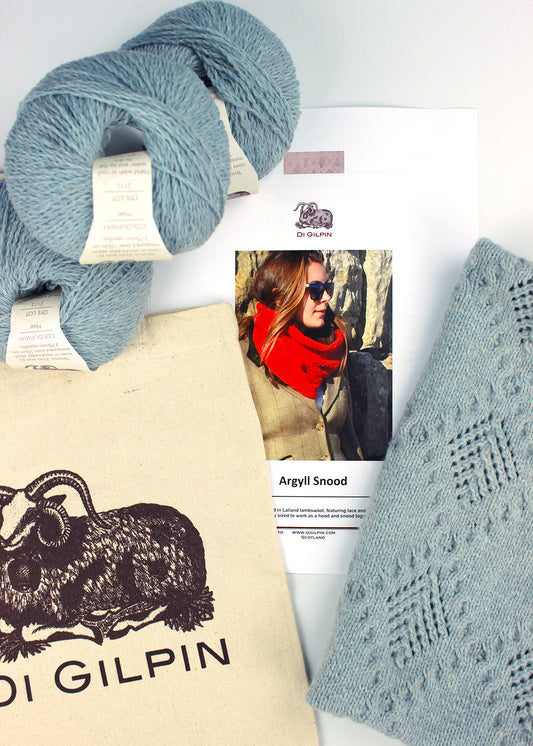 Argyll Snood knitting pattern with wool, bag and sample. Scottish Textile Showcase.