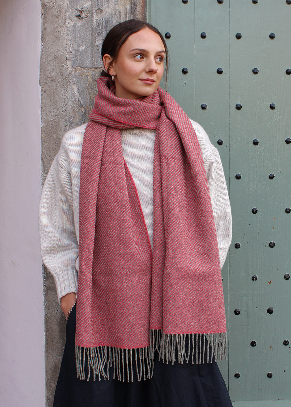 Wide herringbone scarf in rose pink and grey. Scottish Textiles Showcase. 