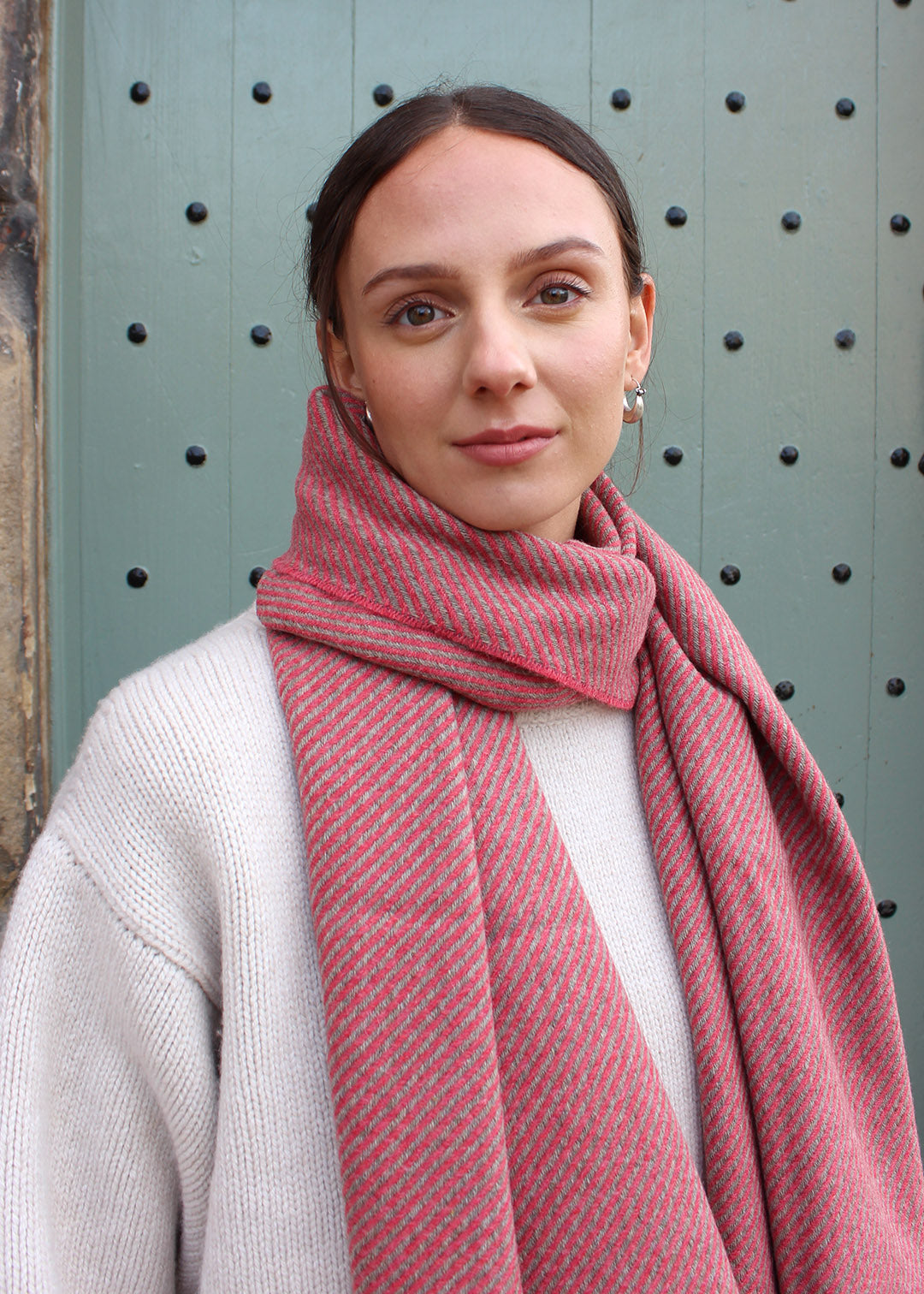 Wide herringbone scarf in rose pink and grey. Scottish Textiles Showcase. 