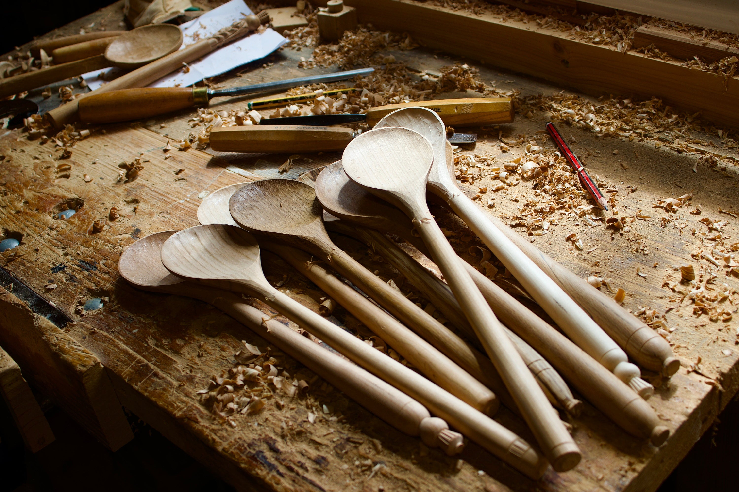 Big Stirrer wooden spoons on the workbench