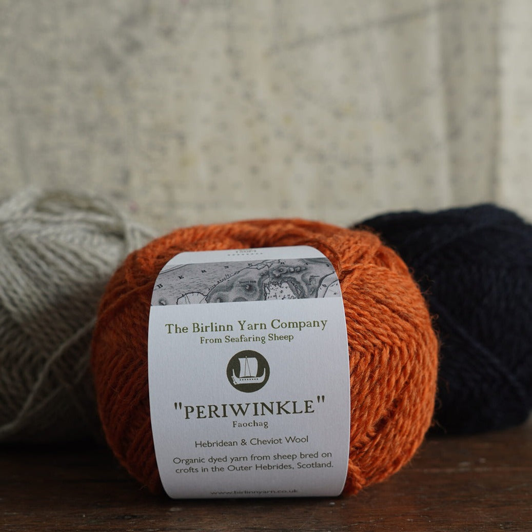 Lambswool yarn in shade periwinkle orange, from the outer Hebrides 