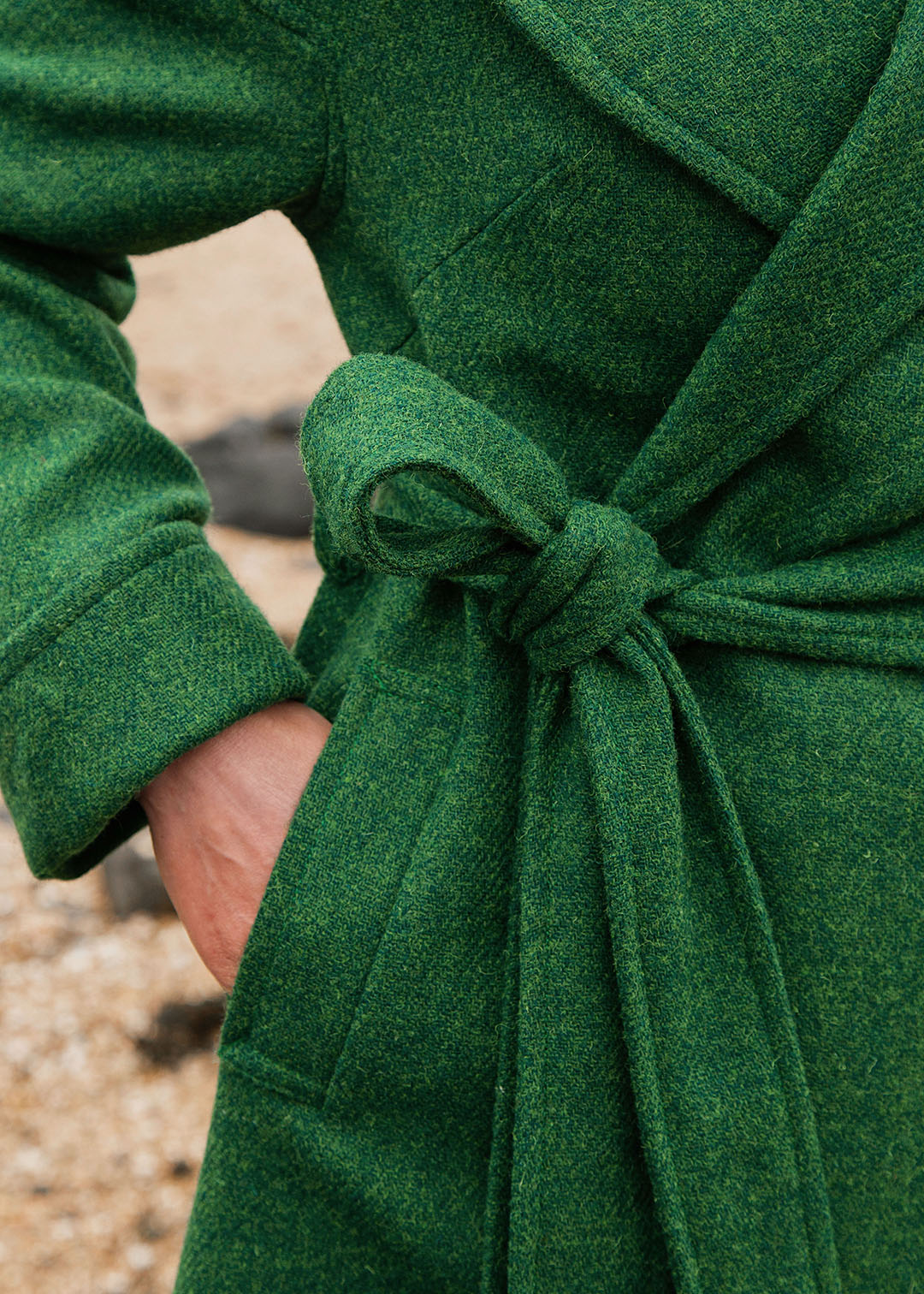 Harris Tweed cora coat emerald green tie. Scottish Textiles Showcase.