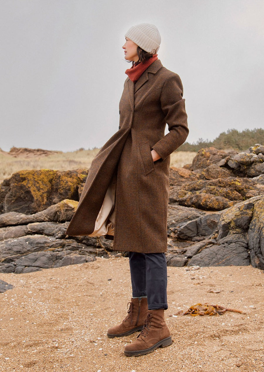 Harris Tweed coat in Ellen style in brown hazel tweed. Scottish Textiles Showcase.