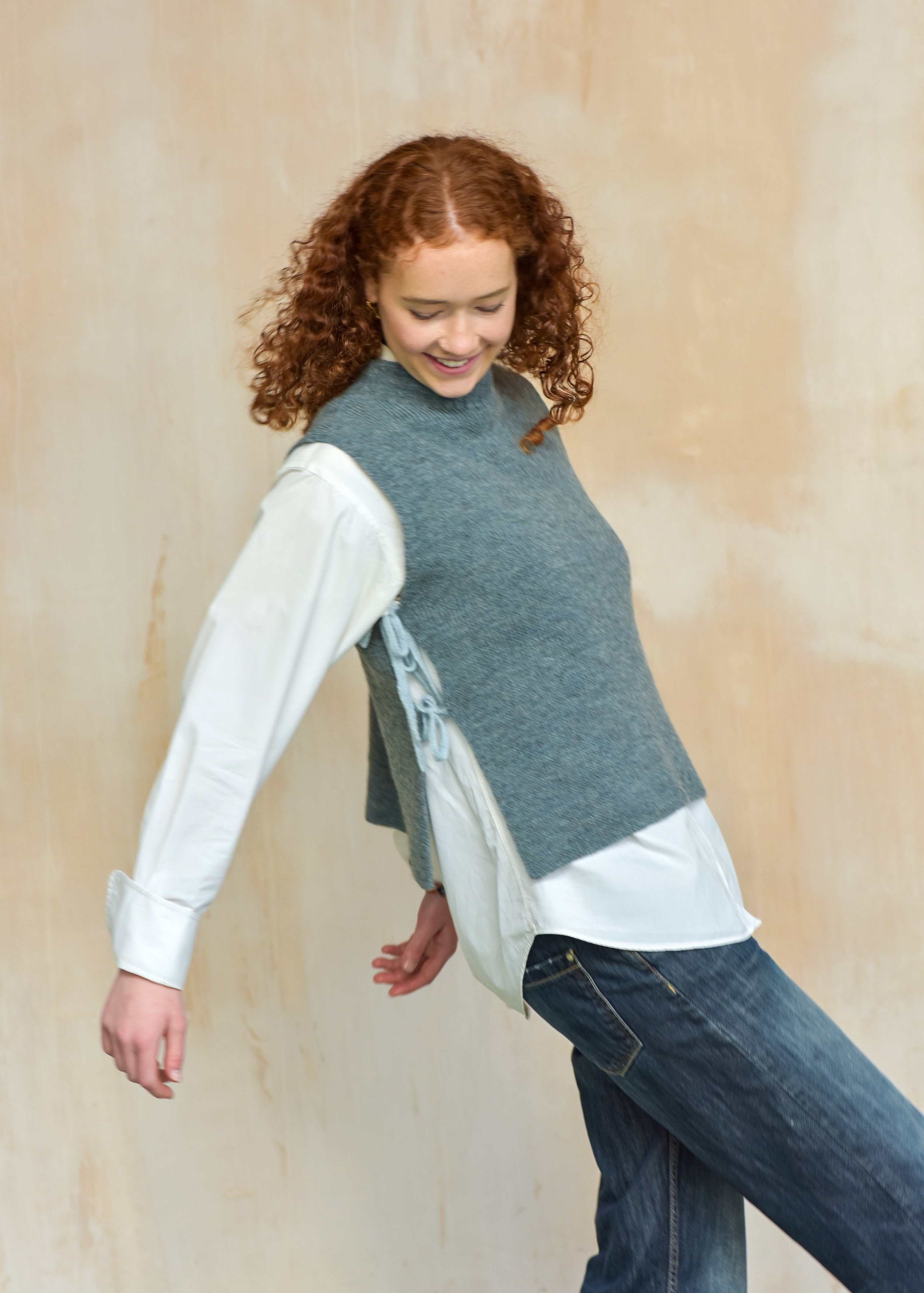 British Wool knitted tie vest in haar blue grey