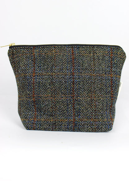 useful multi purpose bag made in store using a beautiful brown herringbone Harris Tweed with rust and blue overcheck